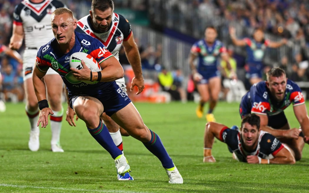 Tanah Boyd of the Warriors runs in to score a try, NZ Warriors v Sydney Roosters, round 1 NRL Telstra Premiership rugby league match at Go Media Stadium, Auckland.