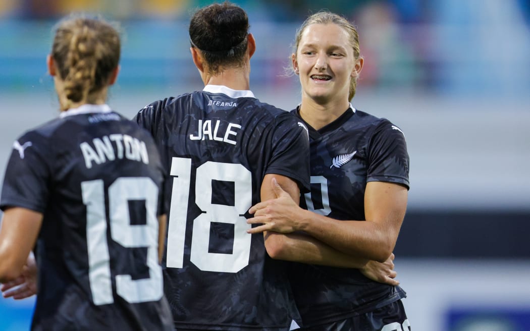 New Zealand's Grace Jale celebrates after scoring a goal with Pia Vlok during Fifa Women's World Cup Qualifiers.