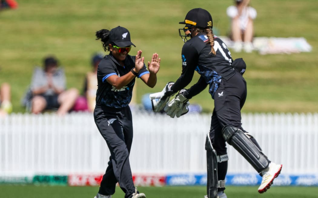 New Zealand's Nensi Patel (L) & Izzy Gaze (R) during the White Ferns vs Zimbabwe Women, 3rd Twenty20 International cricket match at Seddon Park, Hamilton, New Zealand on Sunday 1 March 2026. Photo: DJ Mills / Photosport