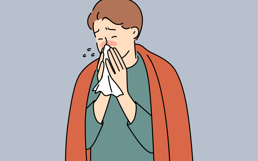 Sick young man in blanket blow runny nose suffer from cold or rhinitis. Unhealthy male struggle with flu or grippe. Healthcare and sick leave. Vector illustration.