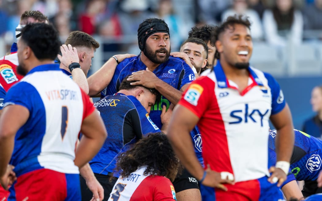 Blues captain Patrick Tuipulotu celebrates his try in the first half during the Super Rugby Paciﬁc - Blues v Moana Pasifika at Eden Park.