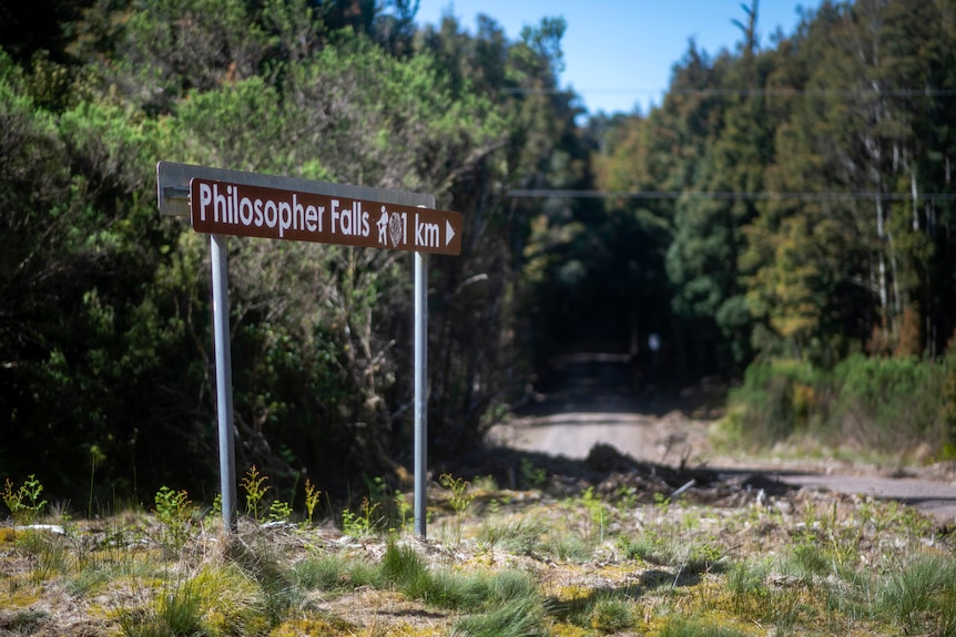 A brown roadside sign says Philosopher Falls 1km. Trees and thick forest surrounds the signage