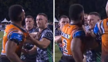 NRL 2026: Sunia Turuva and Tom Starling yank jerseys in post-game scuffle, West Tigers defeat Canberra Raiders