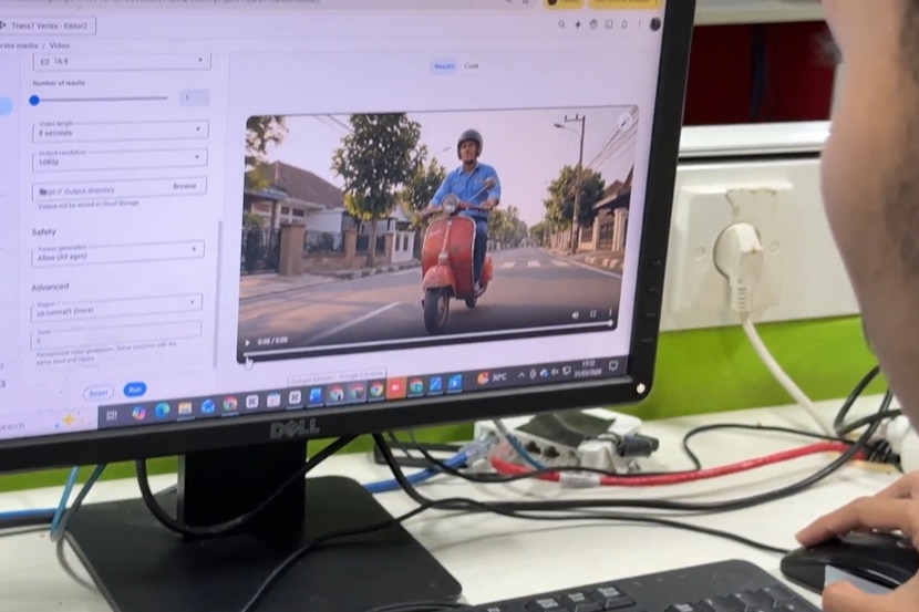 A screen showing a software that displays an AI-generated image of a man on a motorbike.