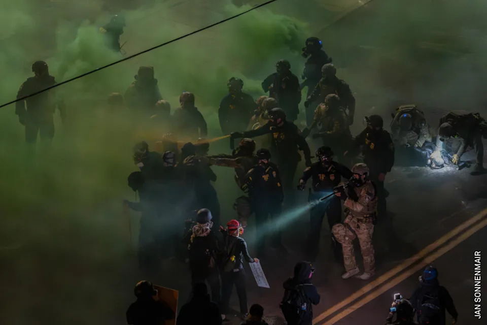 Officers from the DHS and other agencies clash with demonstrators outside an ICE processing center. The intense summer protests centered on opposing the administration’s escalating mass deportation