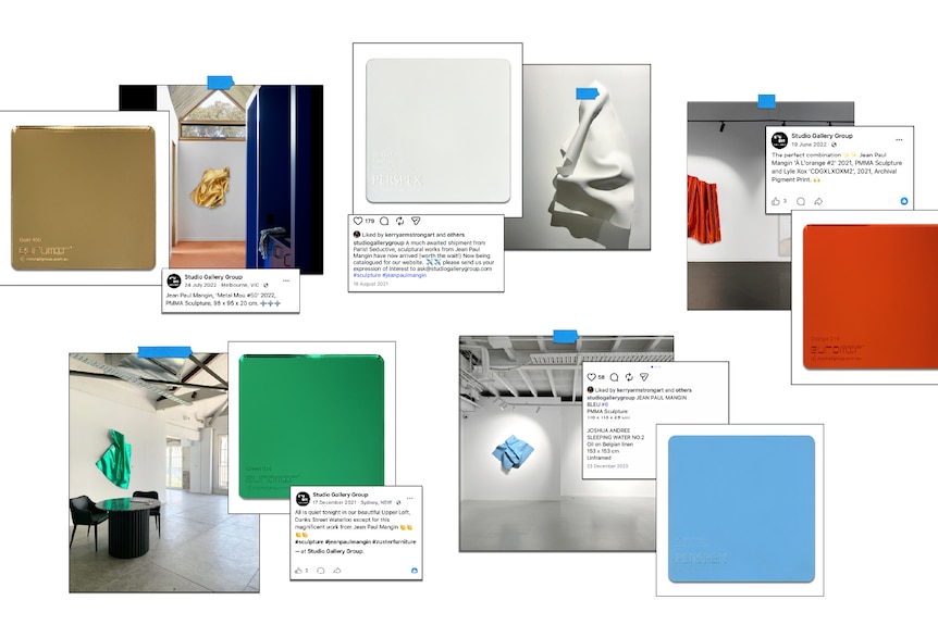 A collage of brightly coloured plastic tiles, next to social media posts of Jean Paul Mangin sculptures in identical shades.