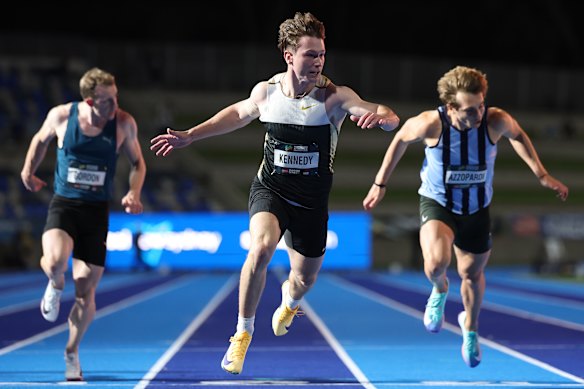 Lachlan Kennedy wins the 100m final on Saturday night.