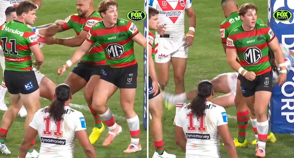Latrell Mitchell, pictured here flinging Daniel Atkinson into the goal-post.