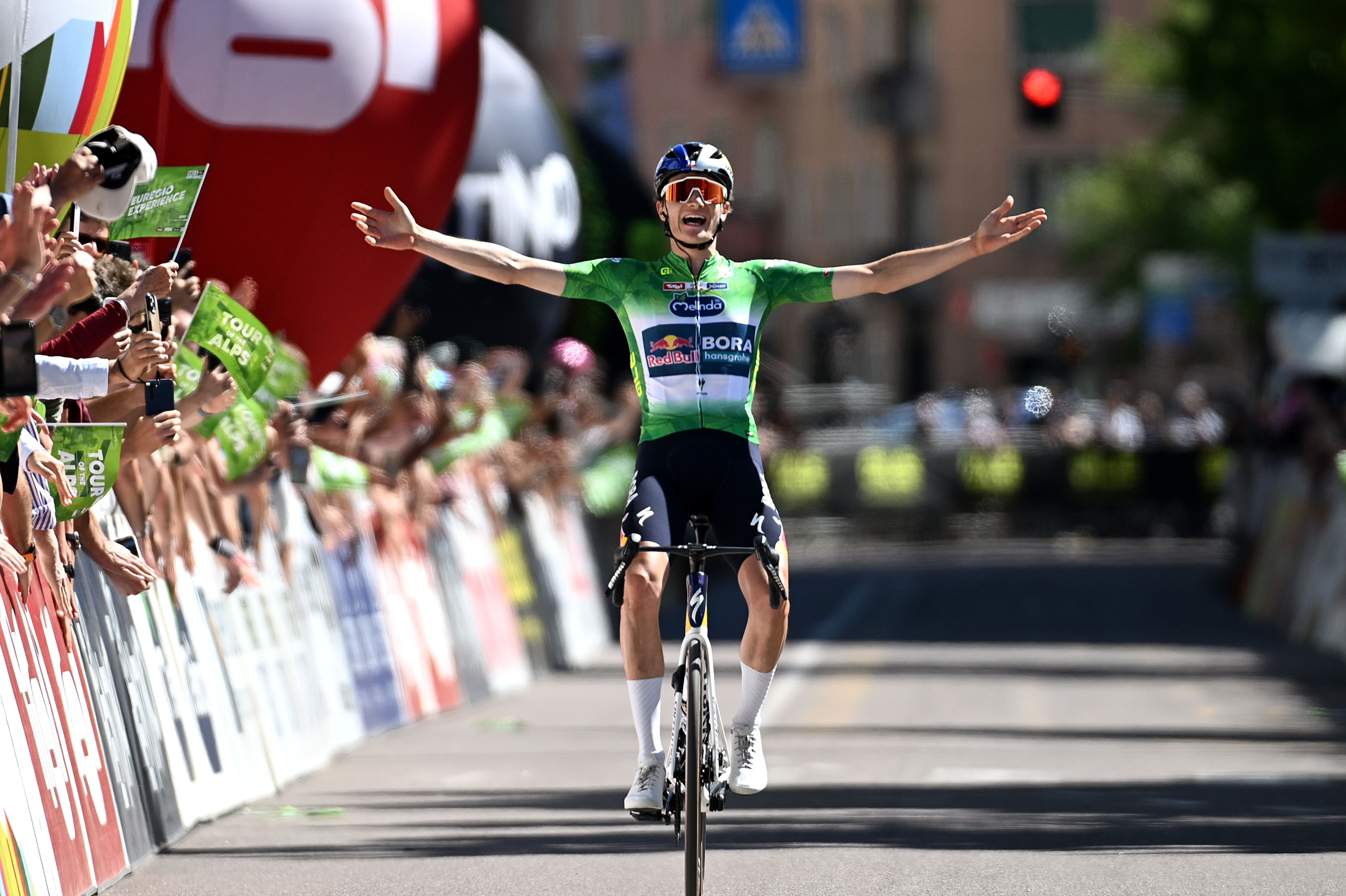 BOZEN-BOLZANO, ITALY - APRIL 24: Giulio Pellizzari of Italy and Team Red Bull - BORA - hansgrohe - Green Leader Jersey celebrates at finish line as stage winner during the 48th Tour of the Alps 2026, Stage 5 a 128.6km stage from Trento to Bozen-Bolzano on April 24, 2026 in Bozen-Bolzano, Italy. (Photo by Tim de Waele/Getty Images)