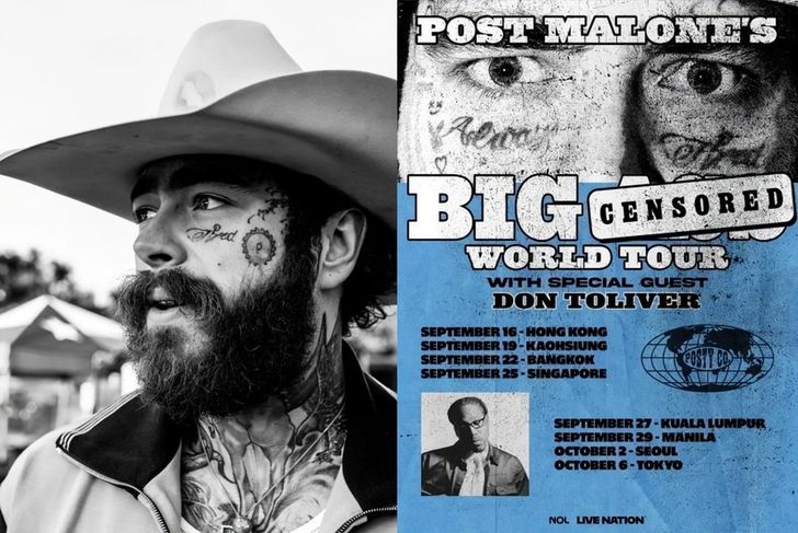Combined image of Post Malone and a promotional poster for his 2026 world tour, which includes a Seoul show / Courtesy of Live Nation Korea