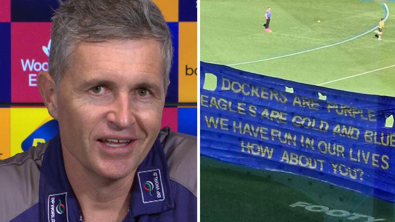 Fremantle Dockers coach Justin Longmuir, last laugh, West Coast Eagles banner, no fun in my life quote, western derby 62, press conference