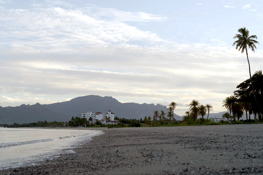 A beach with a large white building fronting on the sand, a palm tree, and a mountain on the horizon.