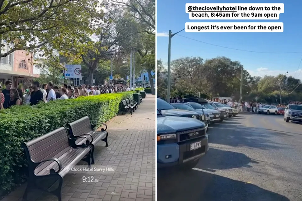 Left: A long line in Surry Hills for The Clock Hotel. Right: People line up down towards the beach to get into The Clovelly hotel