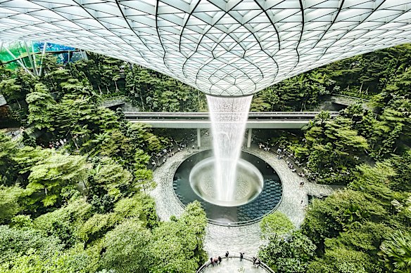 The Rain Vortex indoor waterfall in Jewel at Singapore Changi Airport is a popular attraction.