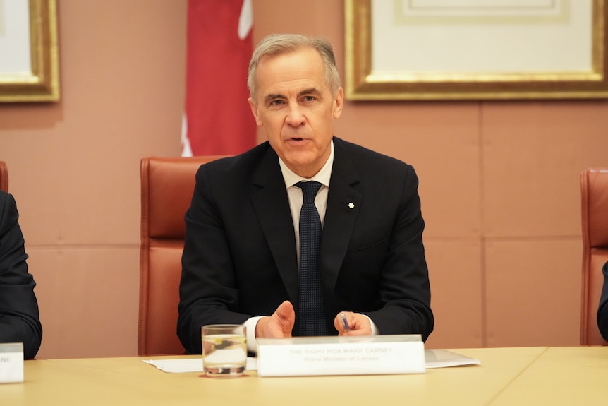 Mark Carney, dressed in a suit, gestures with his hands as he sits at a large table.