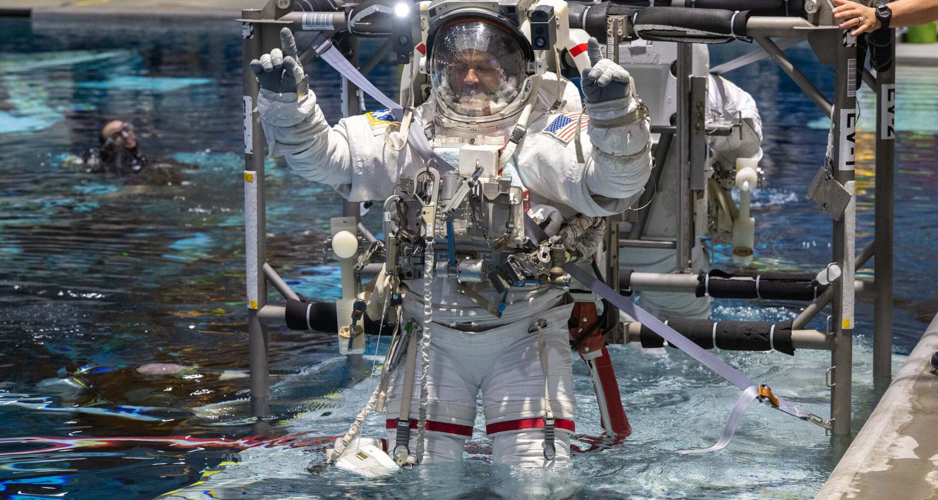 NASA astronaut Anil Menon participates in a spacewalk training session at NASA’s Johnson Space Center's Neutral Buoyancy Laboratory in Houston, Texas, ahead of his upcoming mission to the International Space Station.