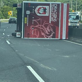 The crashed Dragons merchandise truck.