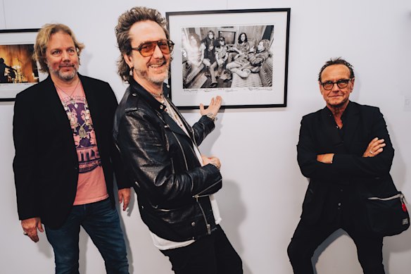 Rich and  Chris Robinson of The Black Crowes with Ross Halfin at the opening of The Black Crowes: Through the Lens of Ross Halfin exhibition presented by Behind The Gallery in Collingwood. 