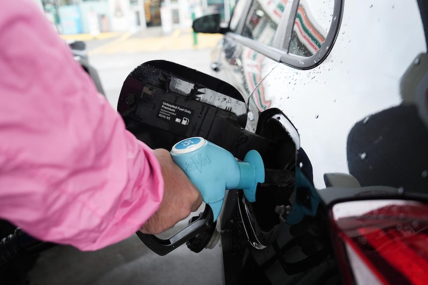 A hand holding a hose filling up a car fuel tank. 
