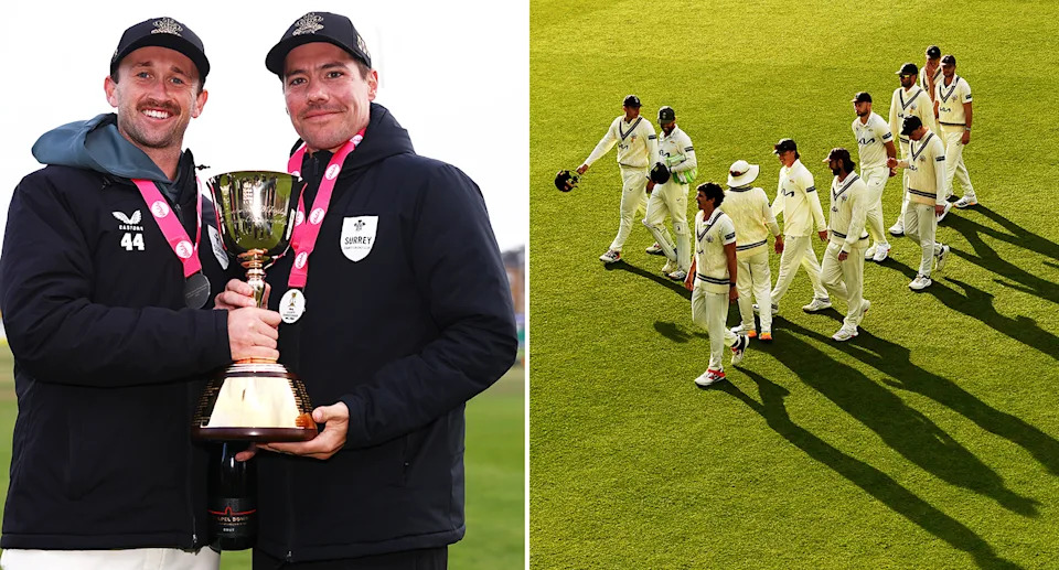 Cameron Steel with Surrey teammates in the County championship.