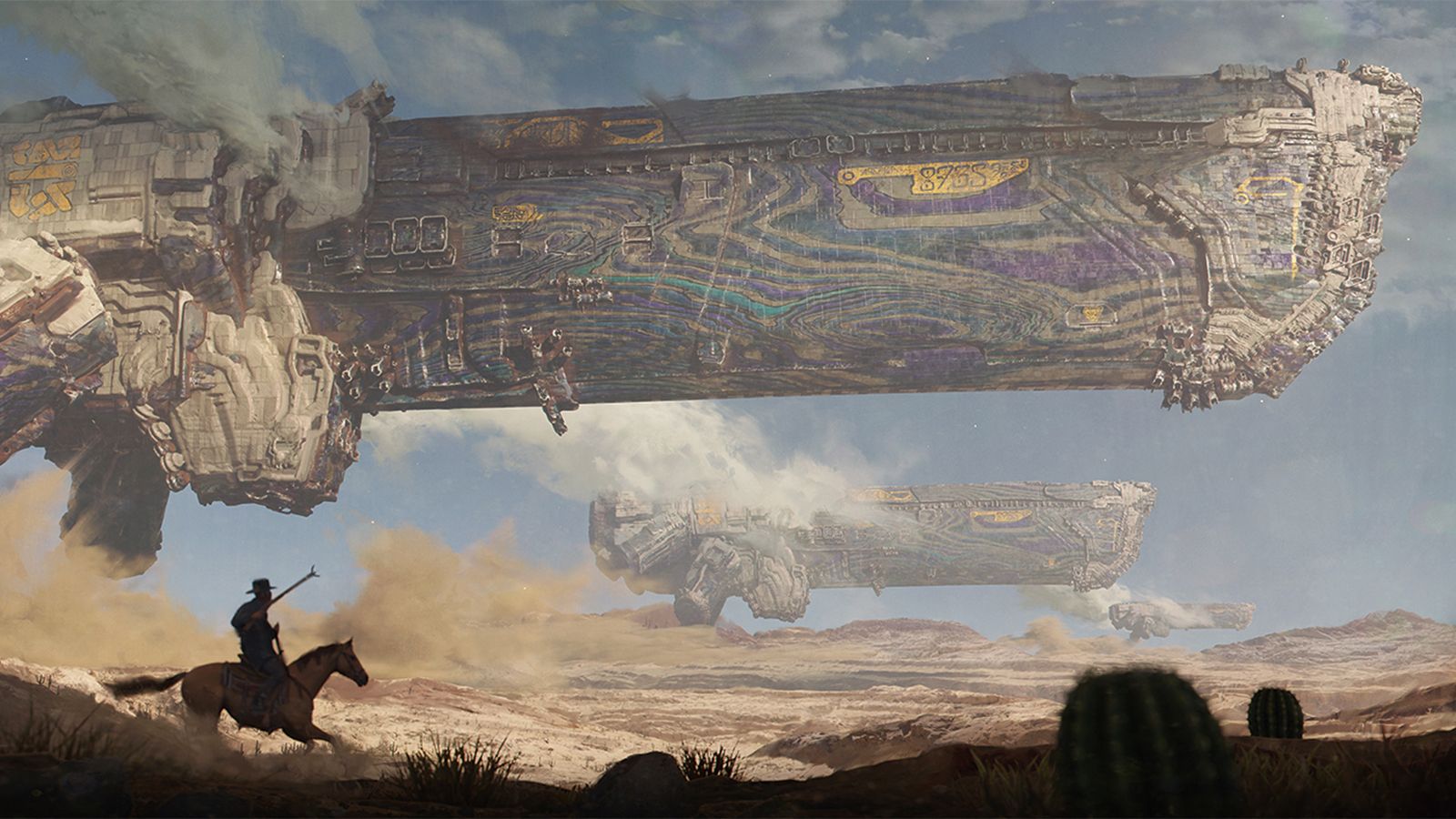 A giant spaceship flies past a cowboy