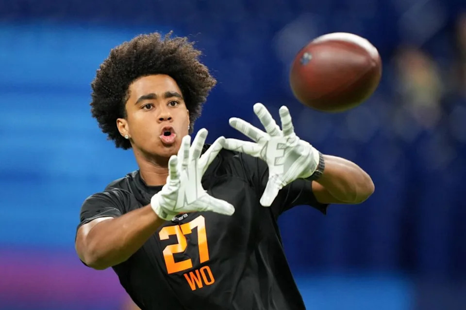 Southern California wideout Ja'Kobi Lane (WO27) during the NFL Scouting Combine at Lucas Oil Stadium.