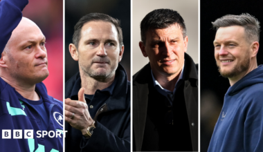 Side-by-side close-up photos of the nominated managers from left to right: Alex Neil, Frank Lampard, Sergej Jakirovic and Kim Hellberg.