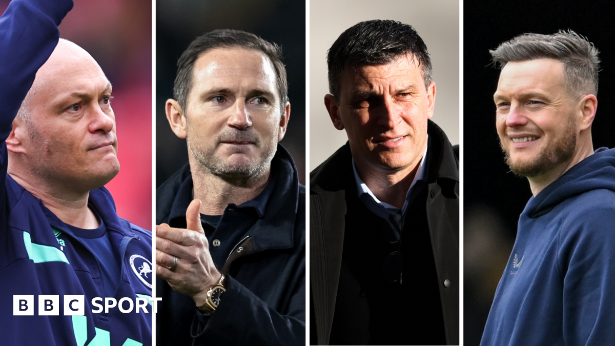Side-by-side close-up photos of the nominated managers from left to right: Alex Neil, Frank Lampard, Sergej Jakirovic and Kim Hellberg.