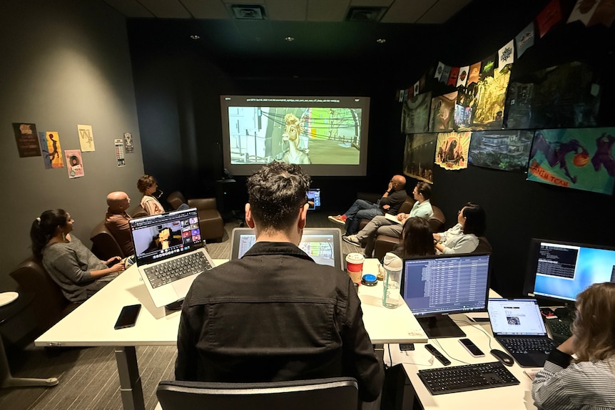 Daniel Pozo (centre) with some of his animation team creating the movement for Goat.