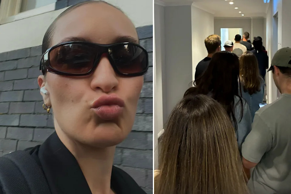 Left: Renter Charlotte Hamer. Right: Queues for Sydney rental property.