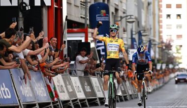 EIBAR, SPAIN - APRIL 10: (L-R) Paul Seixas of France and Team Decathlon CMA CGM - Yellow Leader Jersey celebrates at finish line as stage winner ahead of Florian Lipowitz of Germany and Team Red Bull - BORA - hansgrohe during the 65th Itzulia Basque Country 2026, Stage 5 a 176.2km stage from Eibar to Eibar / #UCIWT / on April 10, 2026 in Eibar, Spain. (Photo by Tim de Waele/Getty Images)