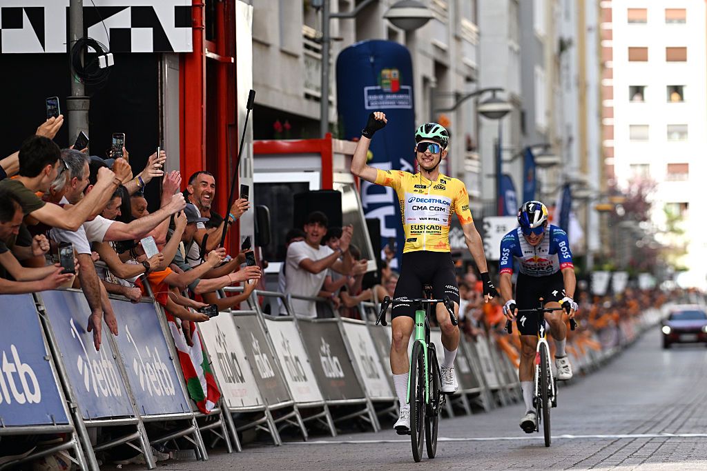 EIBAR, SPAIN - APRIL 10: (L-R) Paul Seixas of France and Team Decathlon CMA CGM - Yellow Leader Jersey celebrates at finish line as stage winner ahead of Florian Lipowitz of Germany and Team Red Bull - BORA - hansgrohe during the 65th Itzulia Basque Country 2026, Stage 5 a 176.2km stage from Eibar to Eibar / #UCIWT / on April 10, 2026 in Eibar, Spain. (Photo by Tim de Waele/Getty Images)