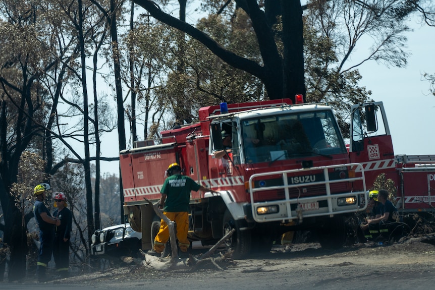 Firefighters in t-shirts, long pants and helmets stand beside a road near a red fire truck among blackened trees.