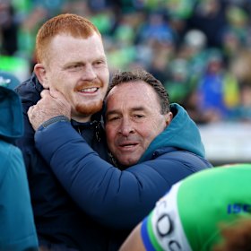 Raiders coach Ricky Stuart hugs his star forward Corey Horsburgh after a win. Stuart’s passion has kept Canberra competitive for years in the NRL.