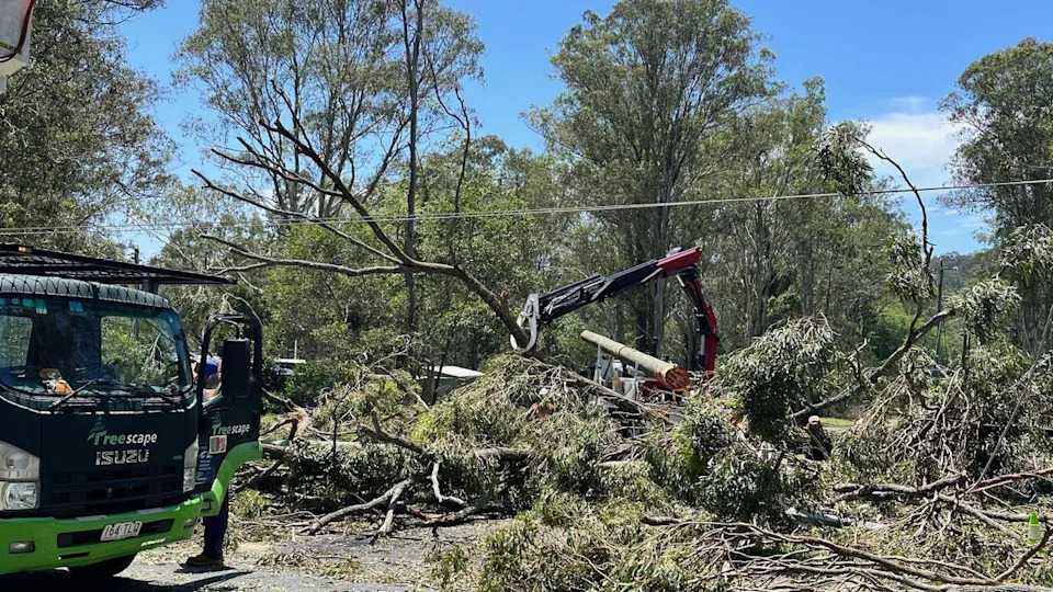 Crews work to restore power in Logan Village, Qld, in November 2025