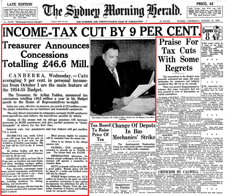 An image of the front page of the SMH newspaper back in 1954.