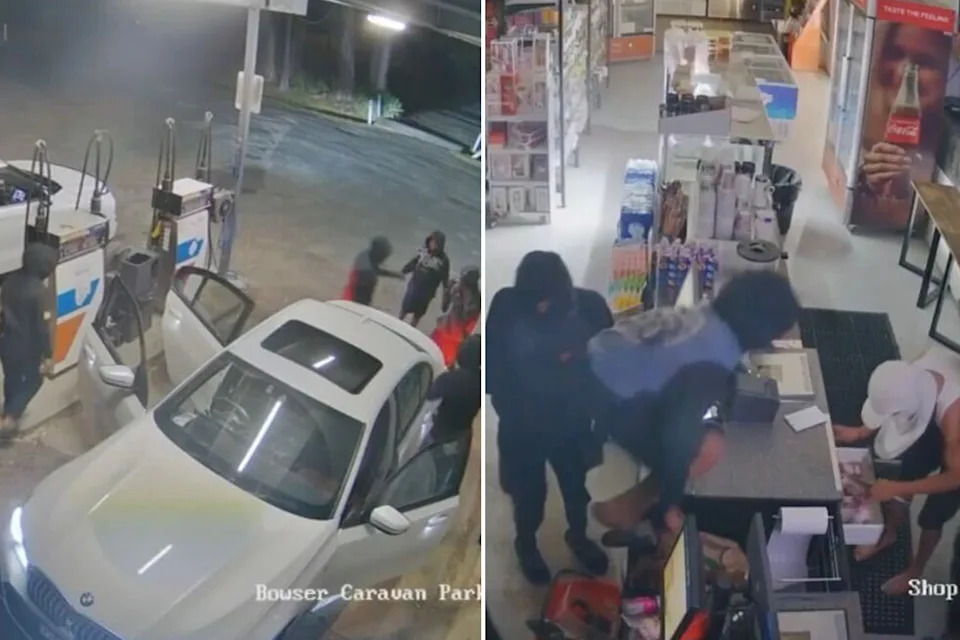 Left: Youths next to a white car at The Wooli service station. Right: Youths jumping over the counter at The Wooli store.