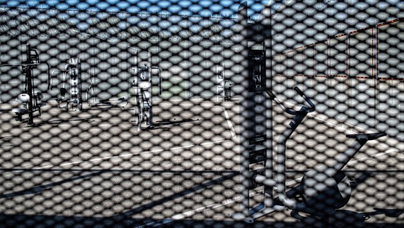 Exercise equipment in a wing where a helicopter once landed in an infamous 1999 jail break.