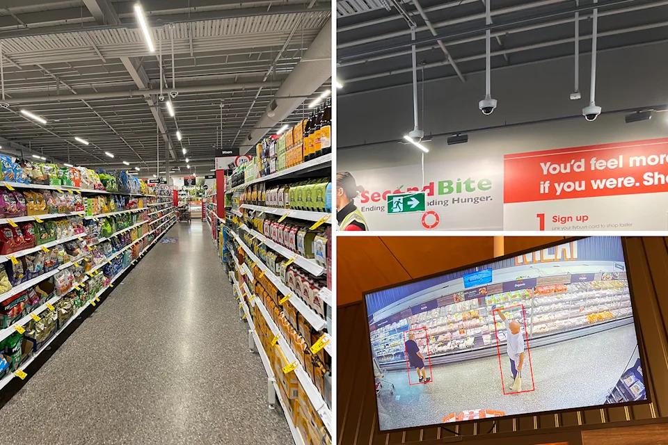 Left: An empty aisle at Coles. Top right: Security cameras. Bottom right: A security screen with Michael Dahlstrom on it.