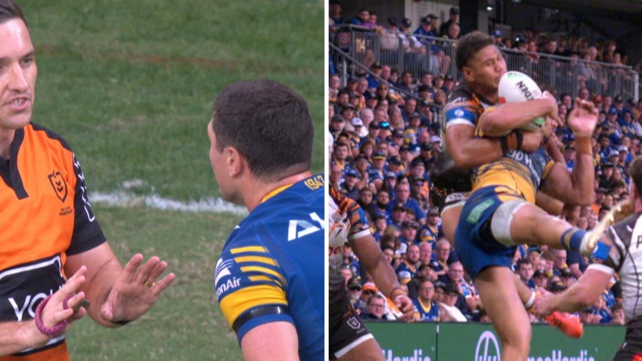 Bailey Simonsson injury causes drama in Eels vs Tigers Easter Monday game, controversial tackle, controversial high shot, reaction, news