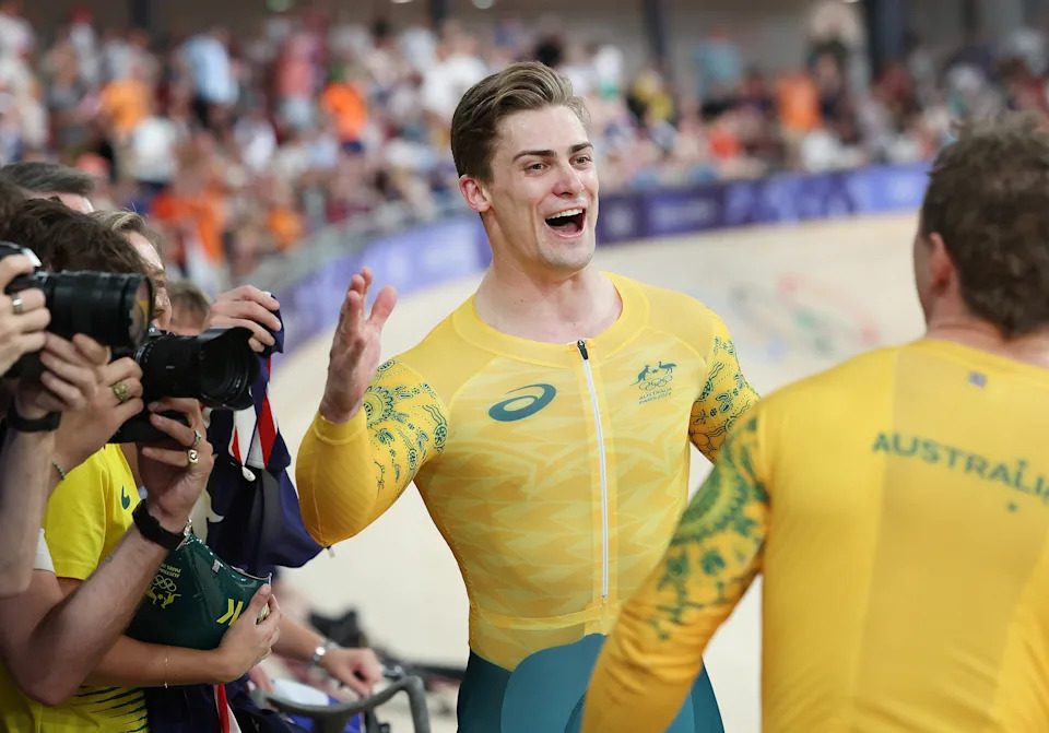 Matthew Glaetzer (pictured) celebrating bronze at the Paris Olympics.