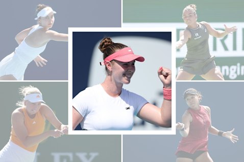Talia Gibson (centre) with some of her top-20 scalps (clockwise): Iva Jovic, Jasmine Paolini, Naomi Osaka and Clara Tauson.