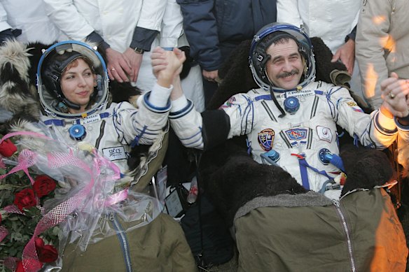 Ansari became the first female private space traveller, and travelled alonside Russian cosmonaut Pavel Vinogradov (right) and US astronaut Geoffrey Williams.
