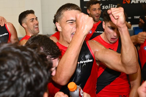 How easy is this winning thing? Debutant Sullivan Robey was all smiles after his first AFL game. 