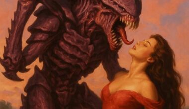 An alien tyranid looms over a swooning romance novel protagonist