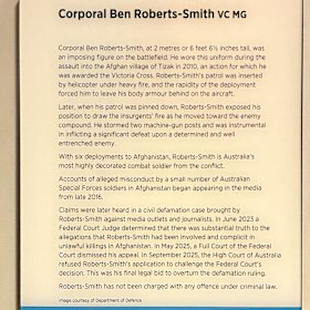 The interpretive panel next to the Ben Roberts-Smith display at the Australian War Memorial on Wednesday.
