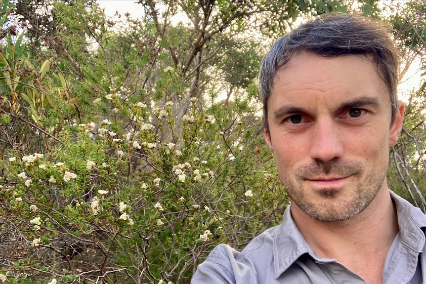 A man stands in front of a bush with white flowers
