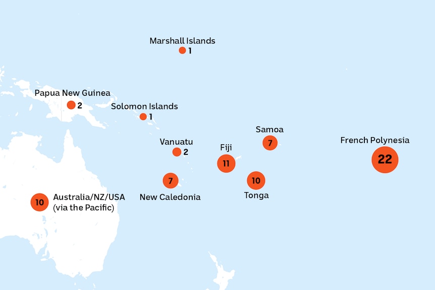 A map showing numbers superimposed on Pacific nations including Australia.