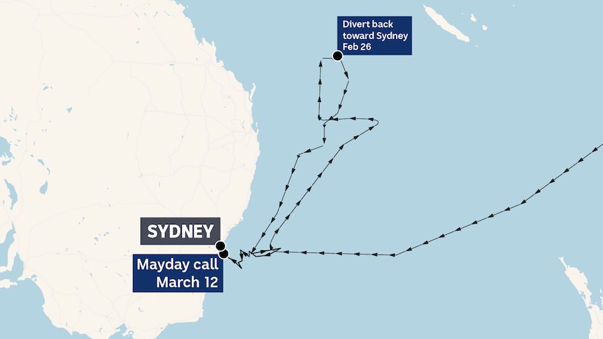 map graphic of mv raider turning away from new caledonia back towards australia before issuing a mayday call march 12