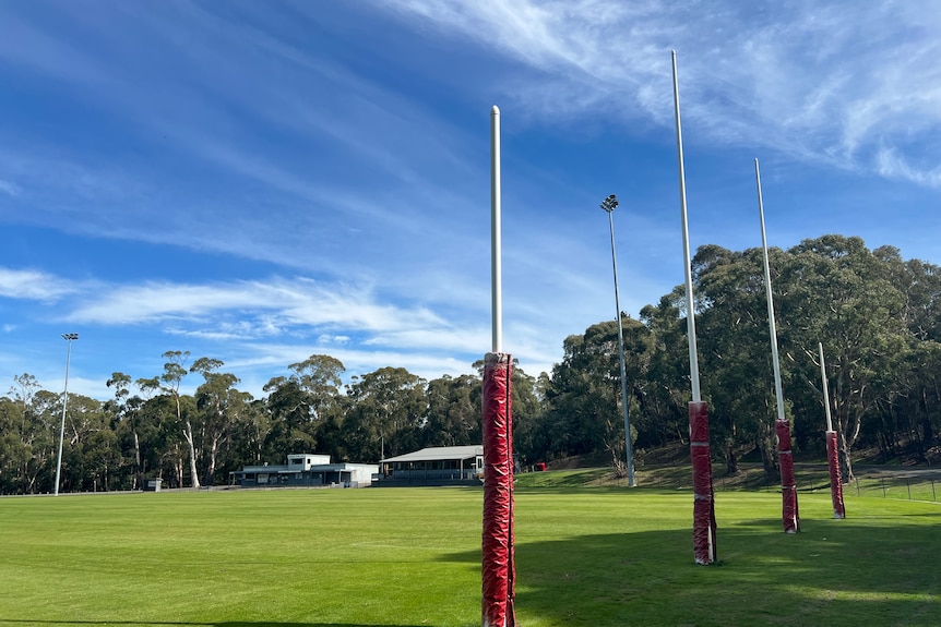 An empty gfootball oval fringed by trees.